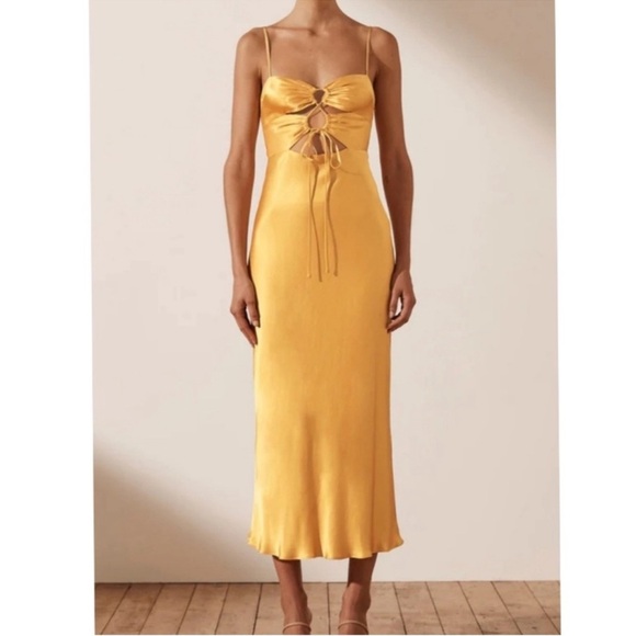 NWT Shona Joy Alma Lace Up Midi Dress Cocktail Cut Out Satin Gold Yellow Size 10 - Picture 1 of 12